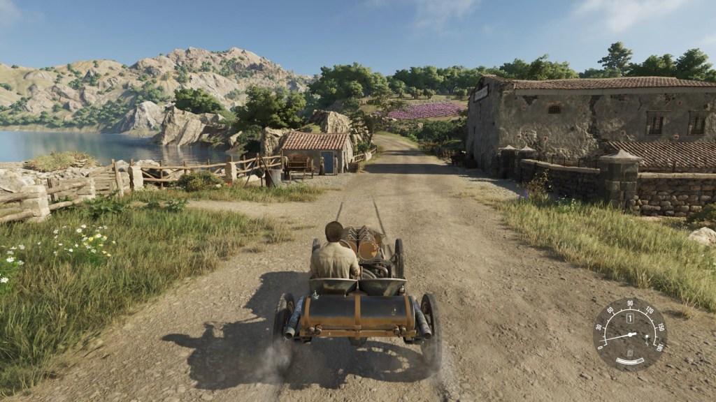 Enzo driving along a rural road through the Sicilian countryside in Mafia: The Old Country