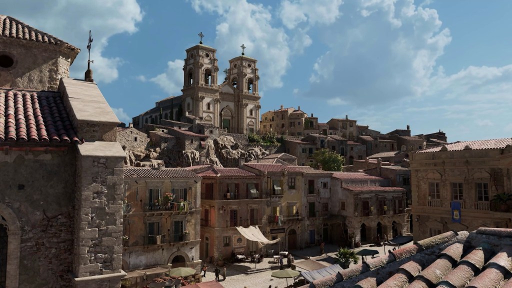 Panoramic view of a Sicilian coastal town and harbour in Mafia: The Old Country