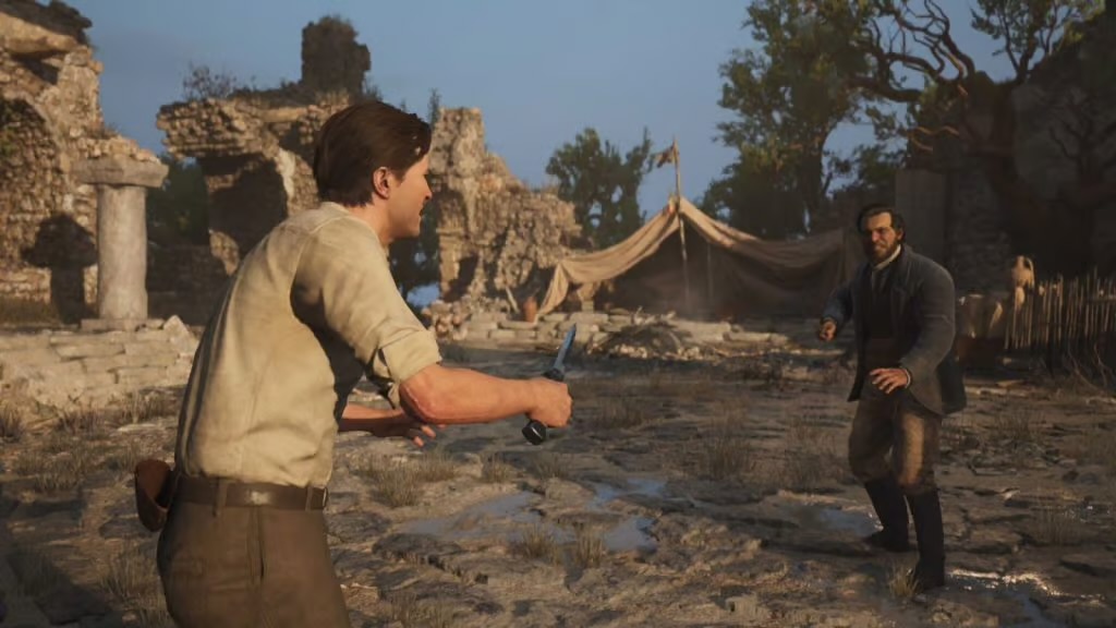 Enzo facing an opponent with a knife during a combat encounter in Mafia: The Old Country