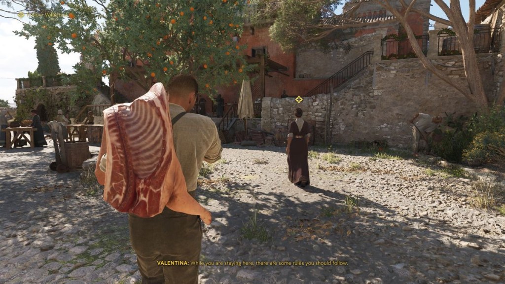 Enzo carrying a large cut of meat through a Sicilian village in Mafia: The Old Country