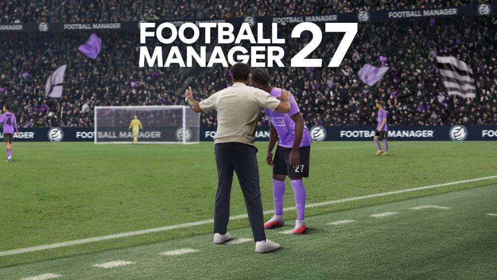 Football Manager 27 launch preview artwork showing a manager on the touchline with a player in a stadium.